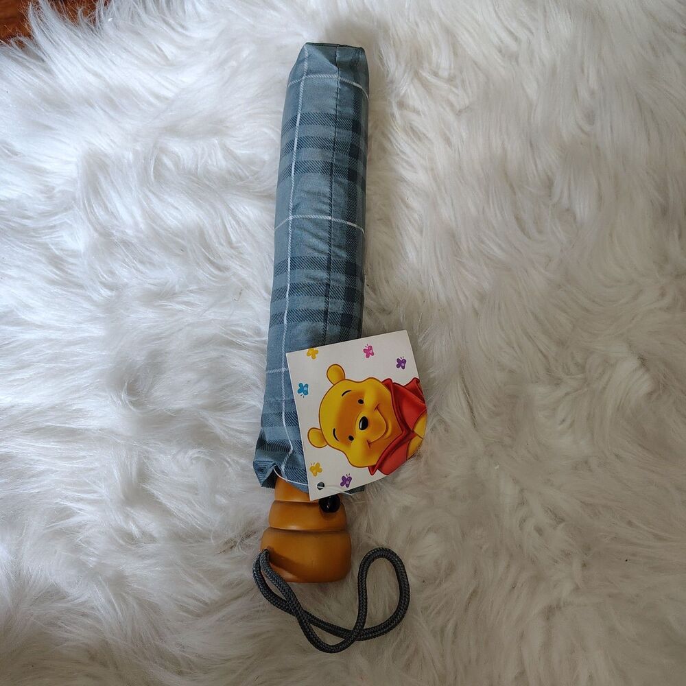 VTG Disney Avon Pooh Umbrella Gray Black Plaid  Honey Pot Handle Nwts